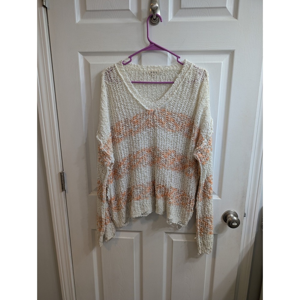 Pol Open Knit Striped V Neck Sweater Orange White Women's - Size M